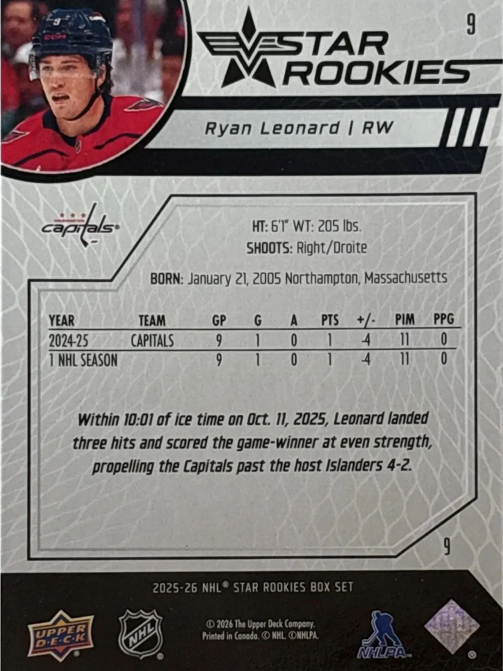 Upper Deck Ryan Leonard Rookie Hockey Trading Card